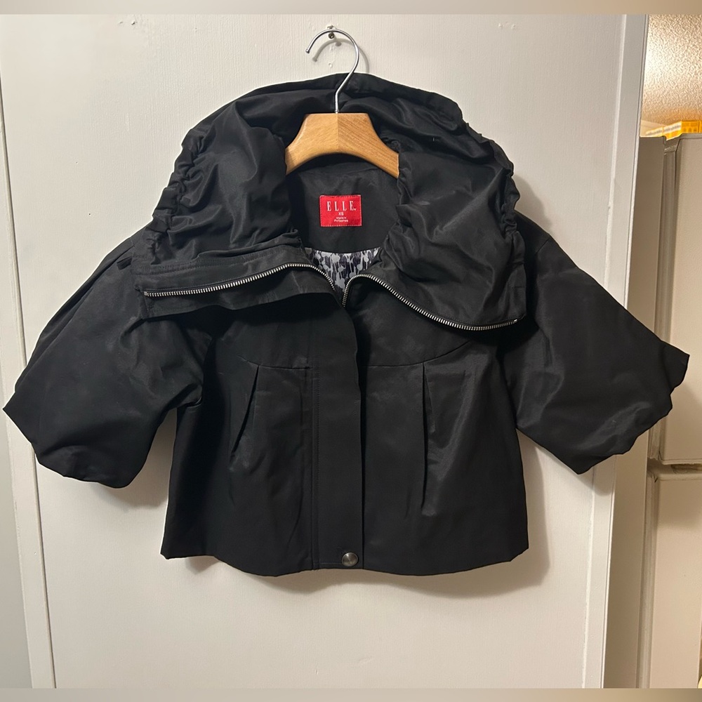 Elle Black Jacket with Elbow-Length Balloon-Hem Sleeves and Tall Duffel Collar